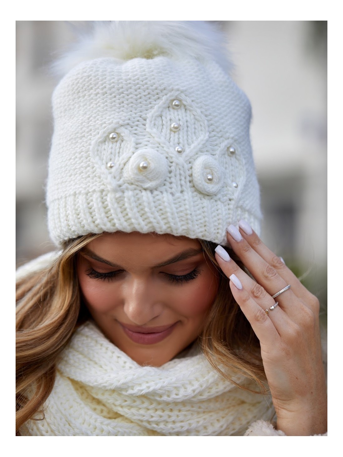 Beaded hat with a neck warmer for winter, cream C50 - Online store - Boutique